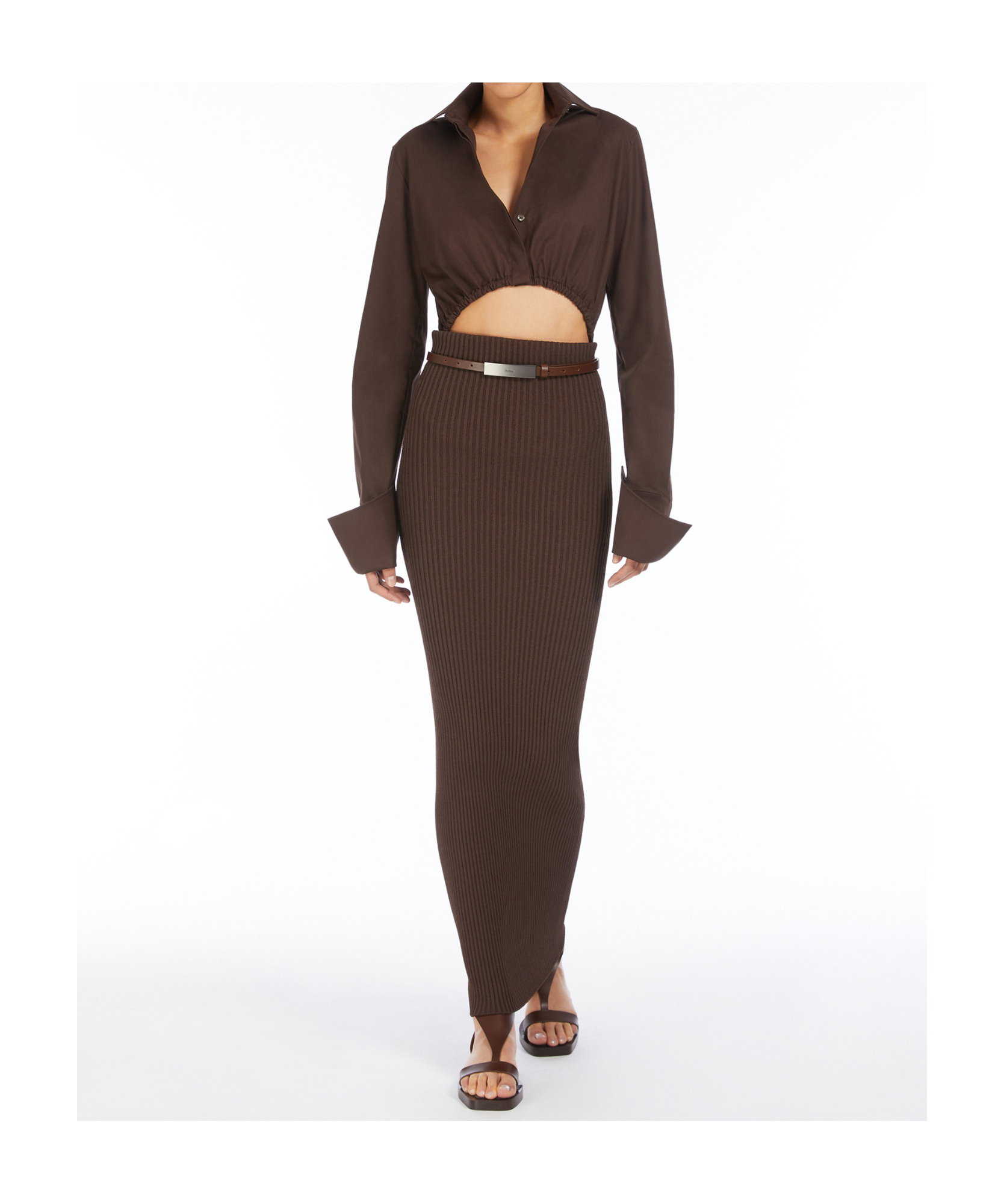 Max Mara Cropped Collared Shirt Elasticated Hem In Brown