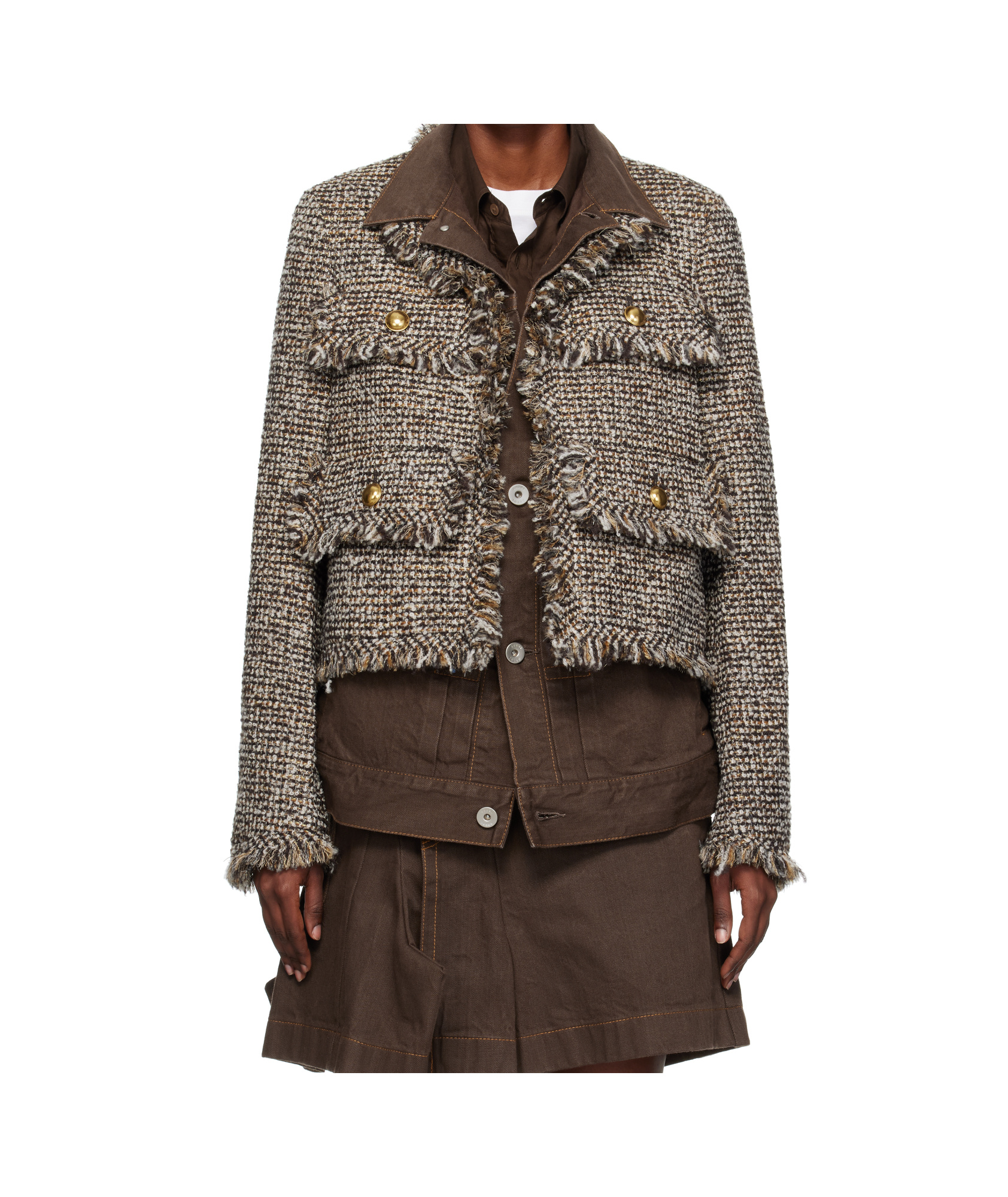 Sacai Tweed-fringed Jacket In Multi