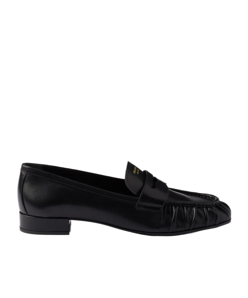 Prada Rounded Toe Loafers With Textured Detailing And Low Block Heel In Black