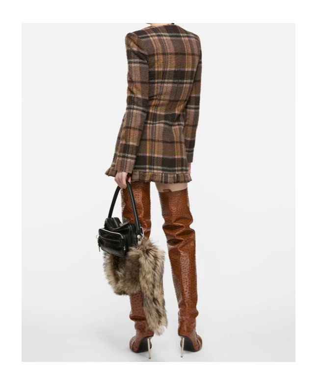 Acne Studios Delfin Plaid Long Sleeve Wool Blend Minidress In Neutral