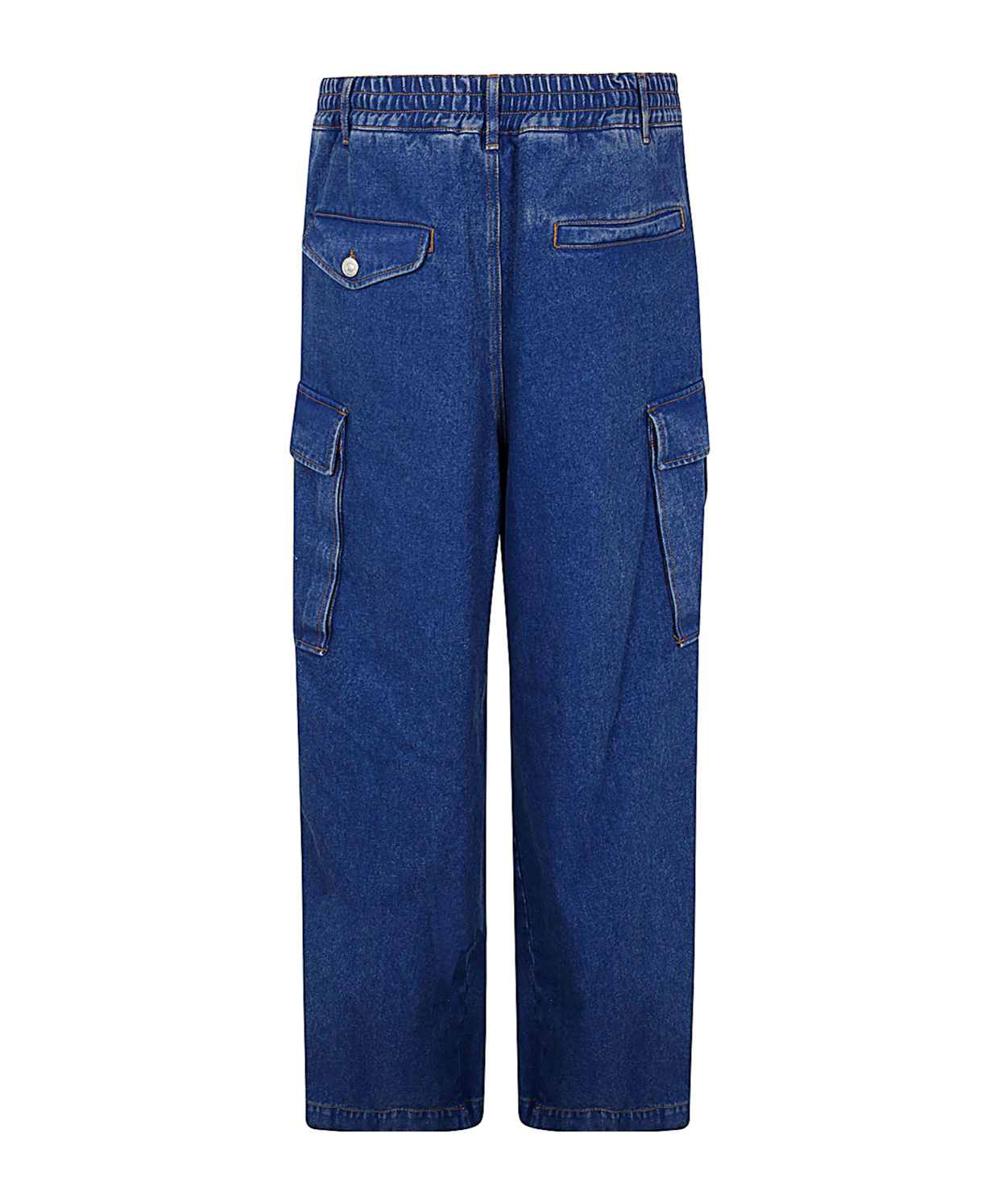 Shop Marni Dark Blue Denim Cargo Pants With Logo Patch