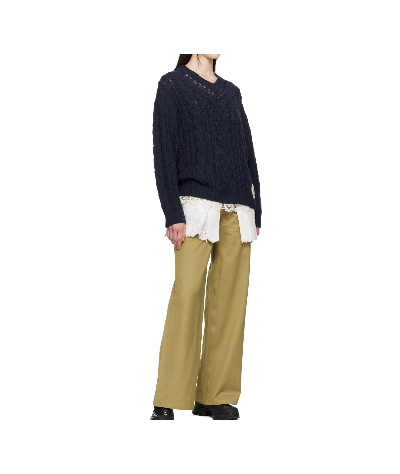Shop Andersson Bell Lace Chunky V-neck Knit Sweater In Navy Blue