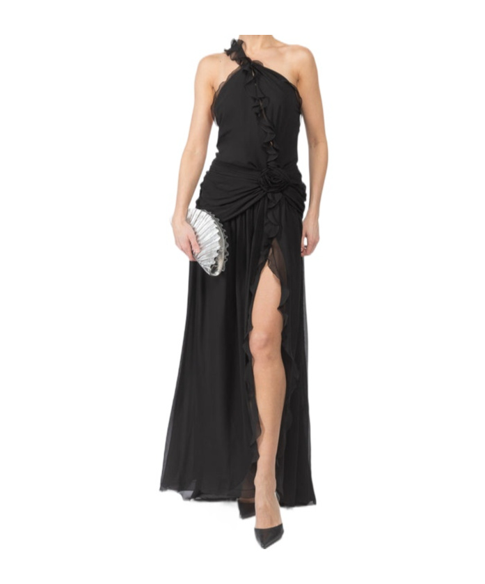 Blumarine Ruffled Halterneck Silk Maxi Dress In Black