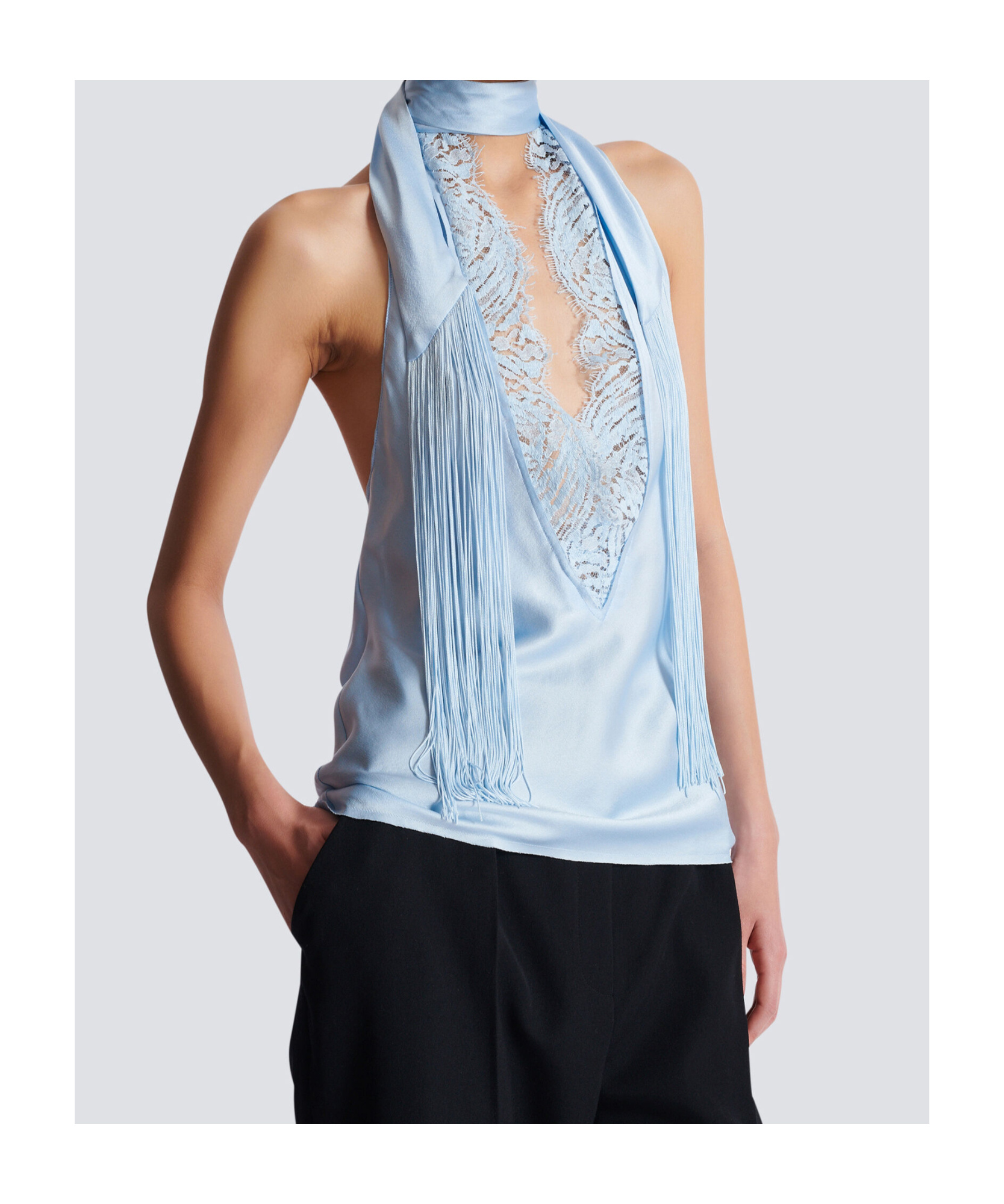 Balmain Backless Crepe Satin Top With Fringe In Blue