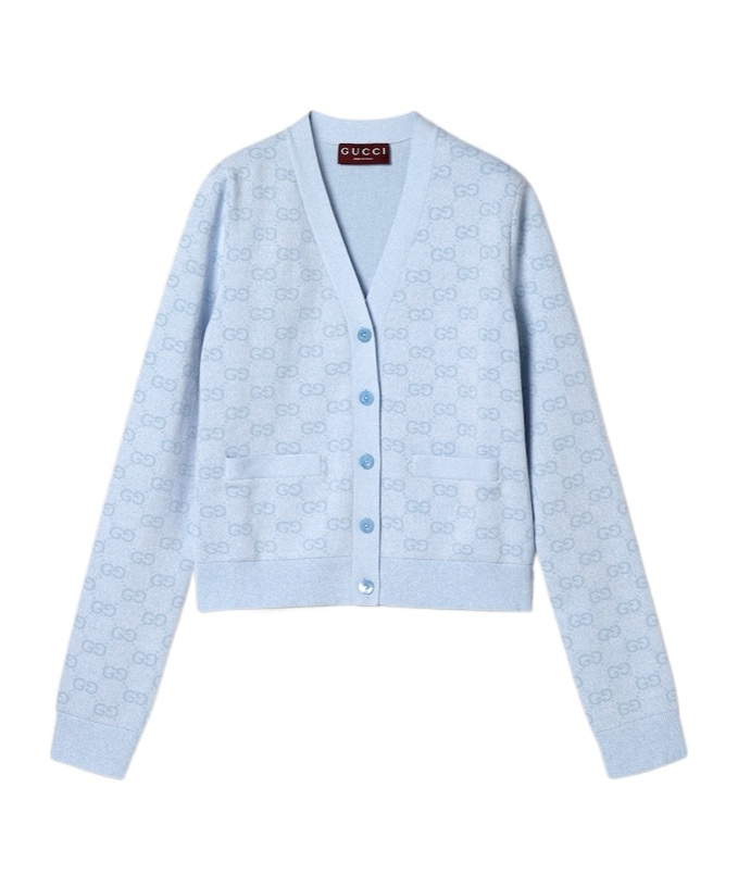 Gucci Fine Cotton Gg Jacquard Cardigan In Light Blue And White
