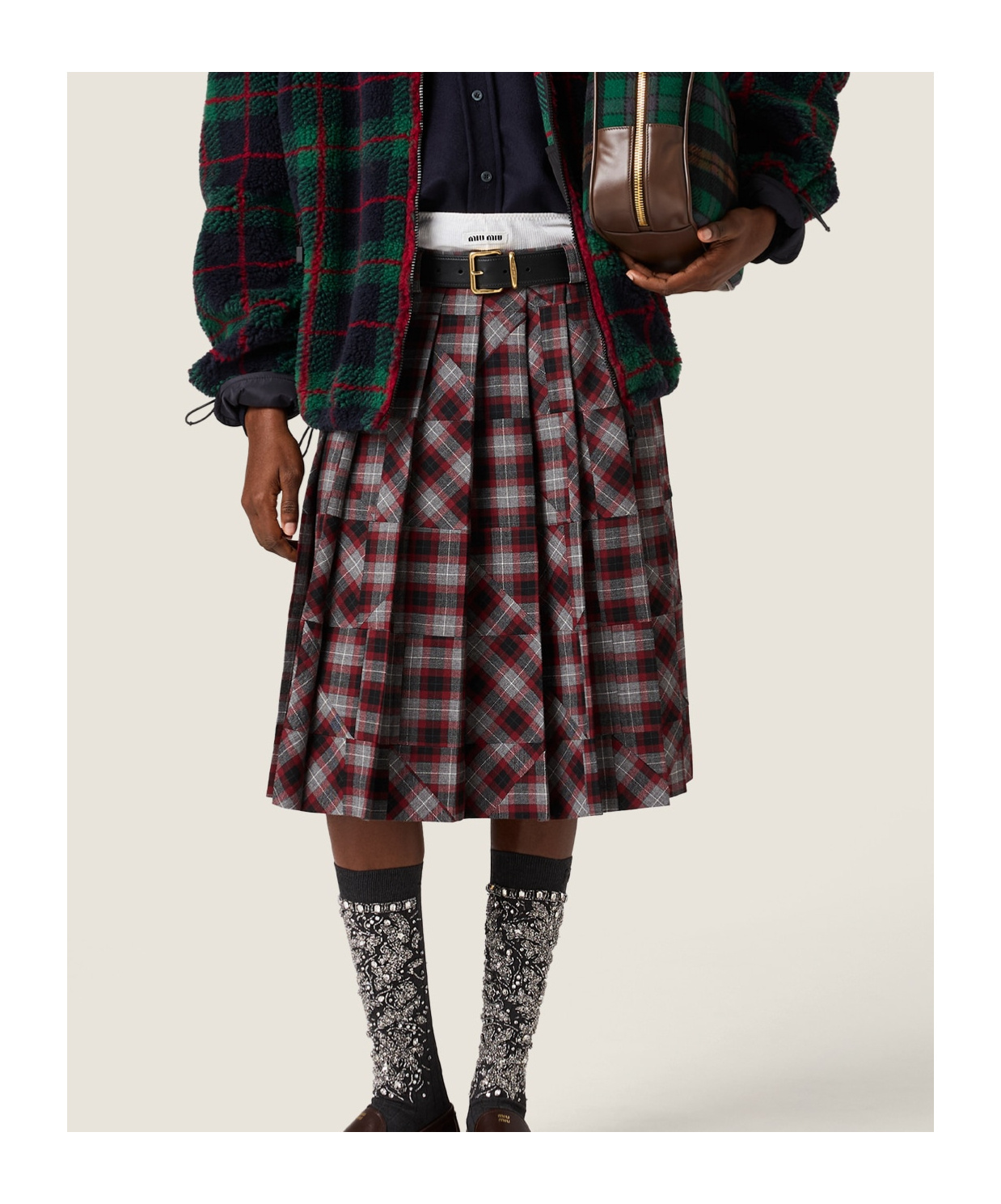 Miu Miu Tartan Patchwork Midi Skirt In Multi