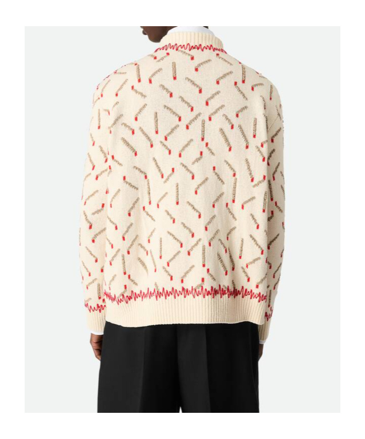Bottega Veneta Men Ivory Sweater With Matchstick Jacquard Motif In Chalk/beige/tomato