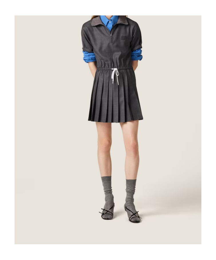 Miu Miu Prince Of Wales Pleated Short Dress In Gray