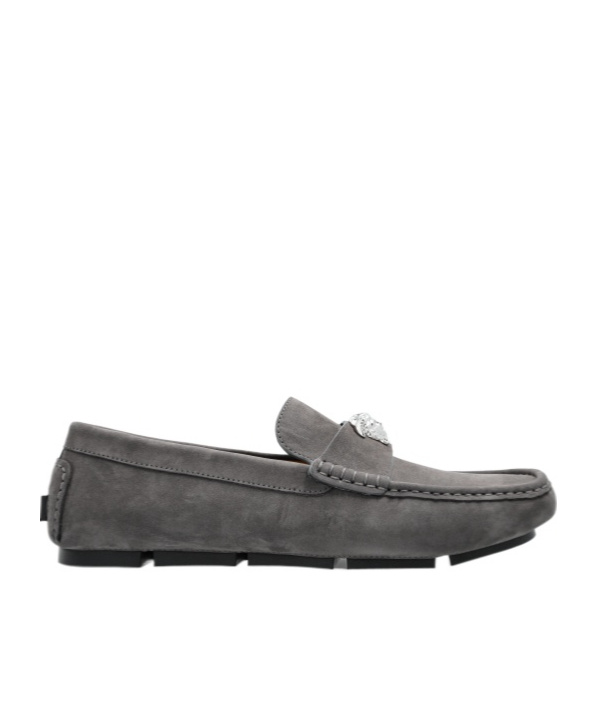 Versace La Medusa-embellished Loafers In Gray