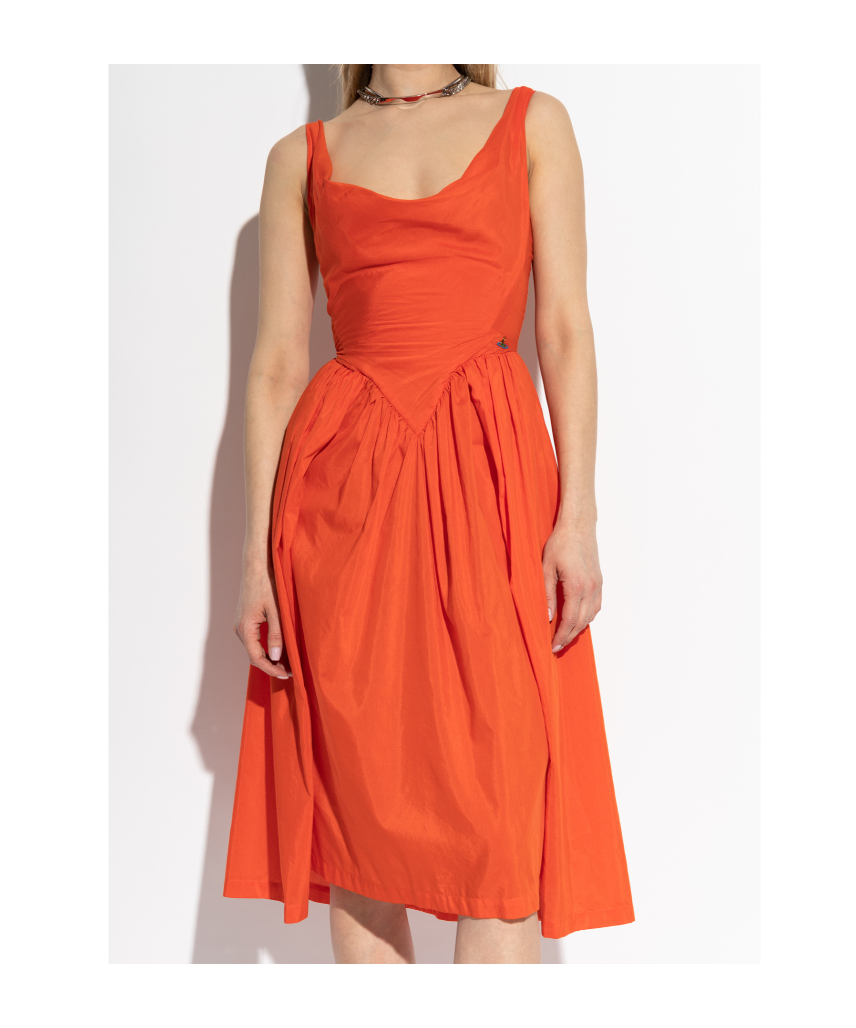 Vivienne Westwood Draped Neckline Midi Dress With Gathered Waist In Orange