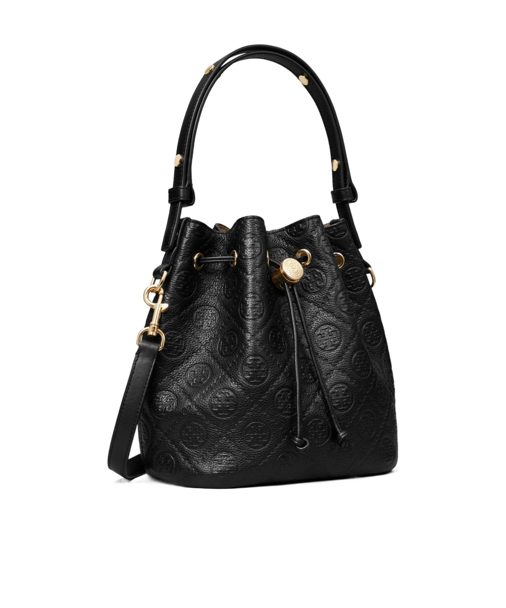 Tory Burch Mini T Monogram Pebble Leather Bucket Bag In Black