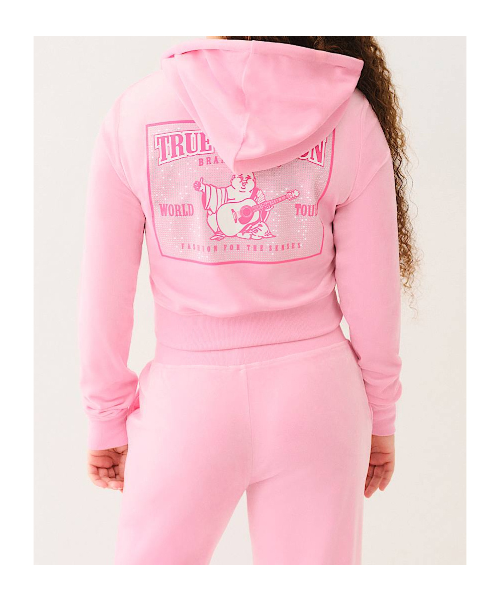 TRUE RELIGION VELOUR CRYSTAL SHRUNKEN ZIP HOODIE 