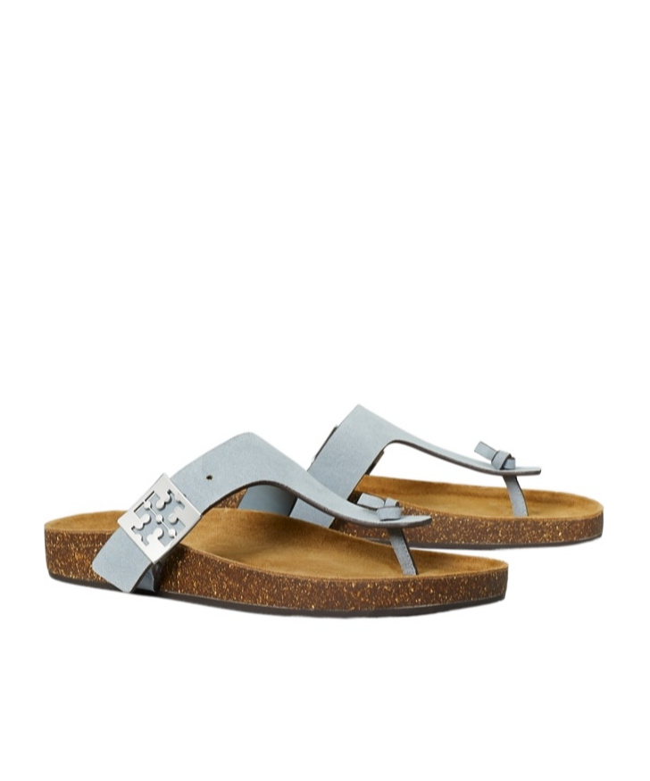 Tory Burch Mellow Leather Buckle Thong Sandals In Gray