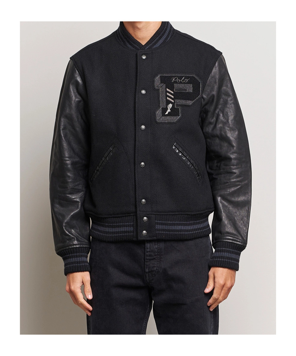 Polo Ralph Lauren Ribbed Collar Bomber Jacket With Leather Sleeves In Black