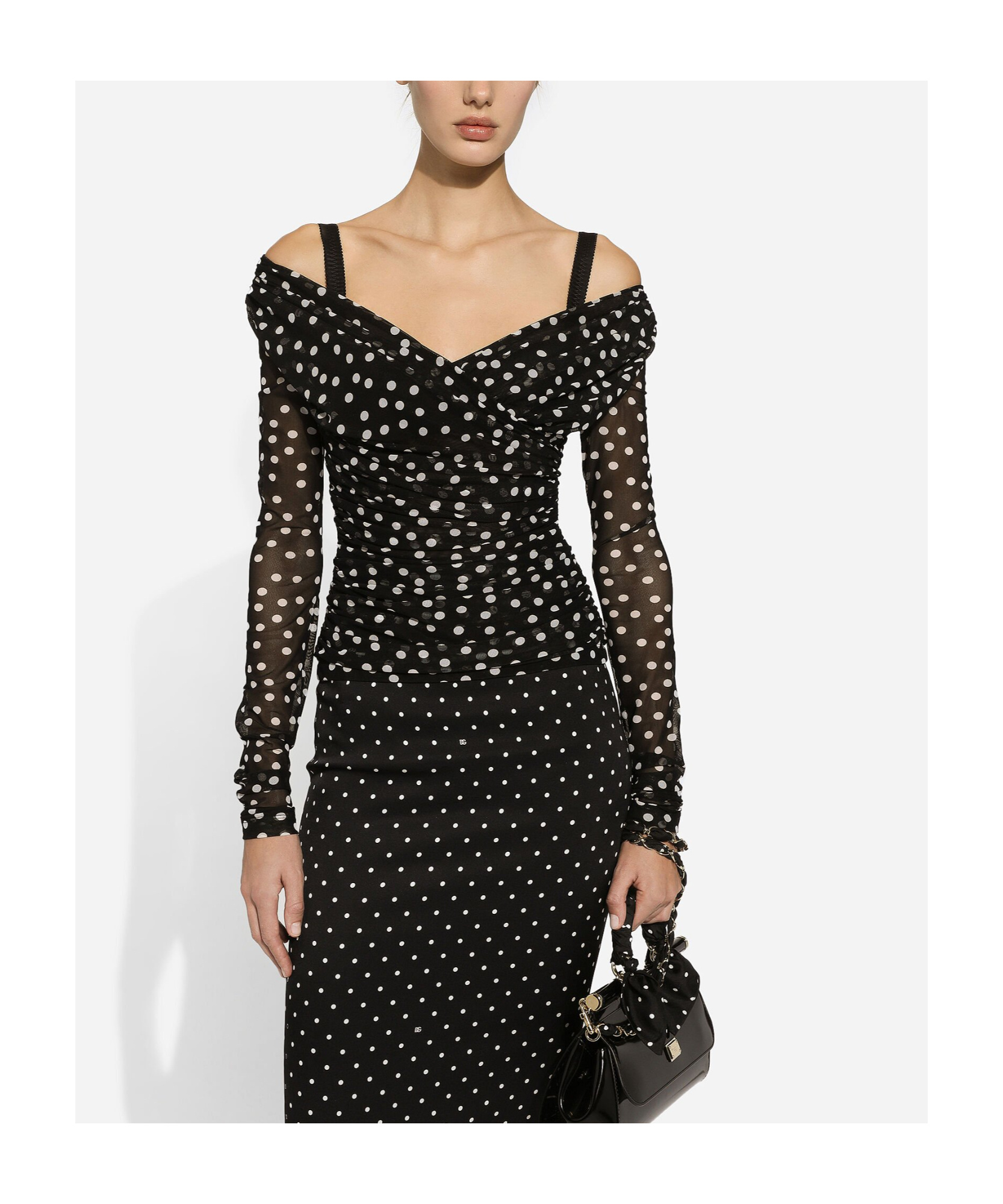 Dolce & Gabbana Stretch Tulle Top With Crossover Neckline And Polka Dot Print In Black