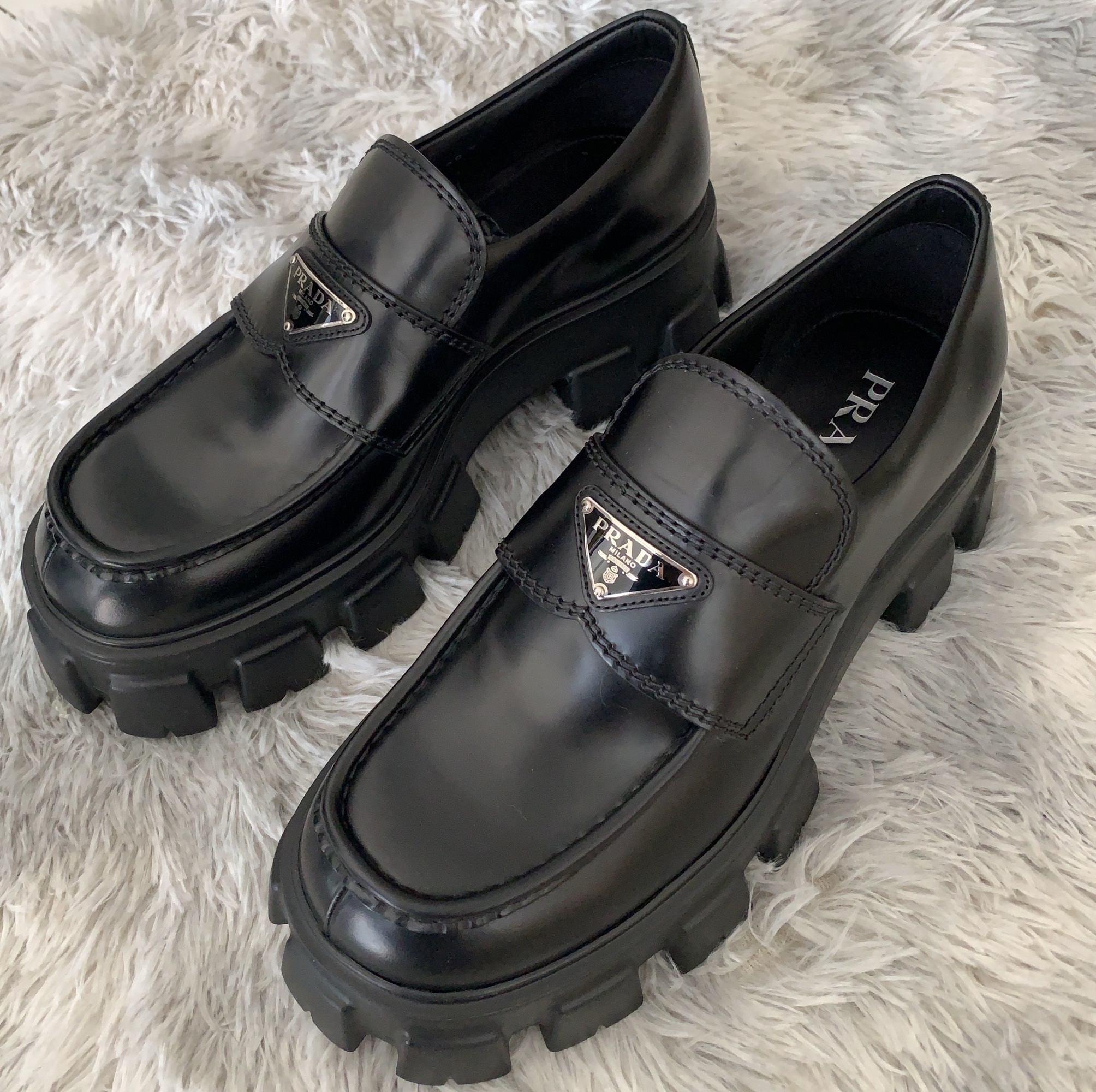Prada Monolith Patent Leather Flatform Loafers In Black