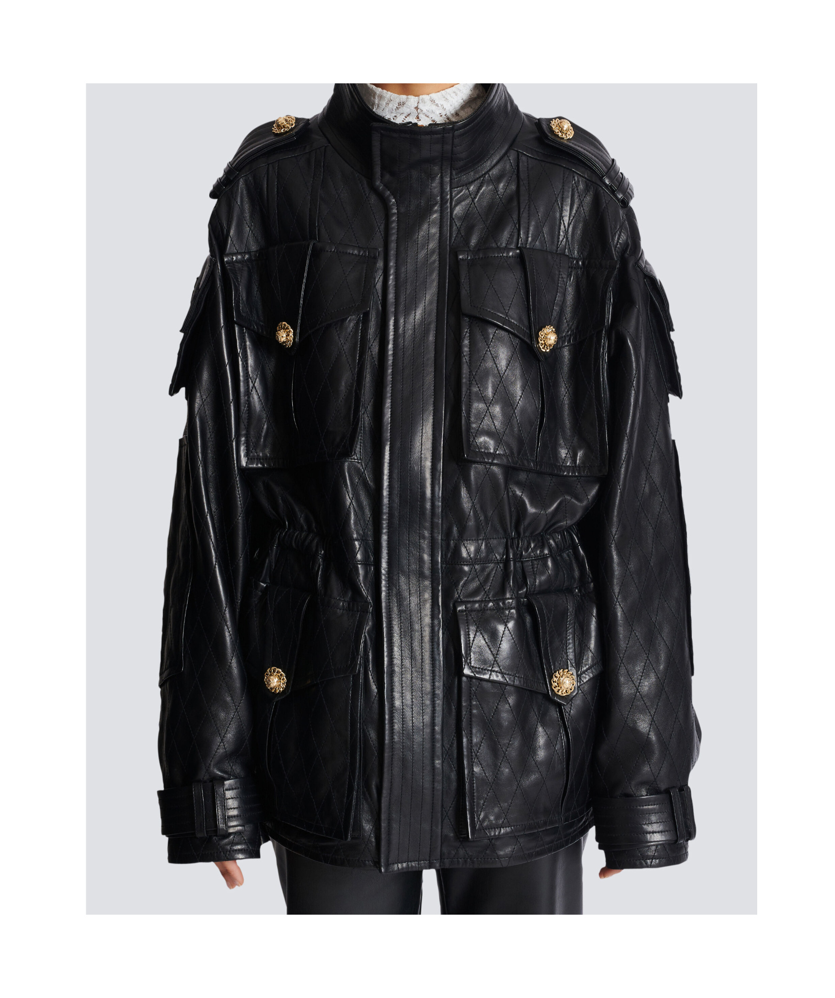 Balmain Lambskin Leather Parka With Topstitched Diamond Pattern In Black