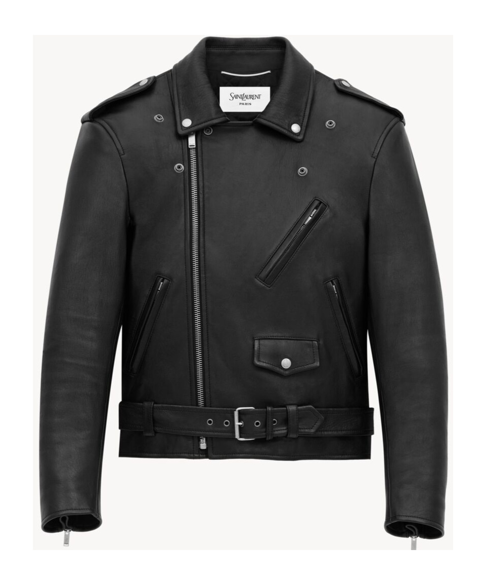 Saint Laurent Belted Leather Biker Jacket In Black