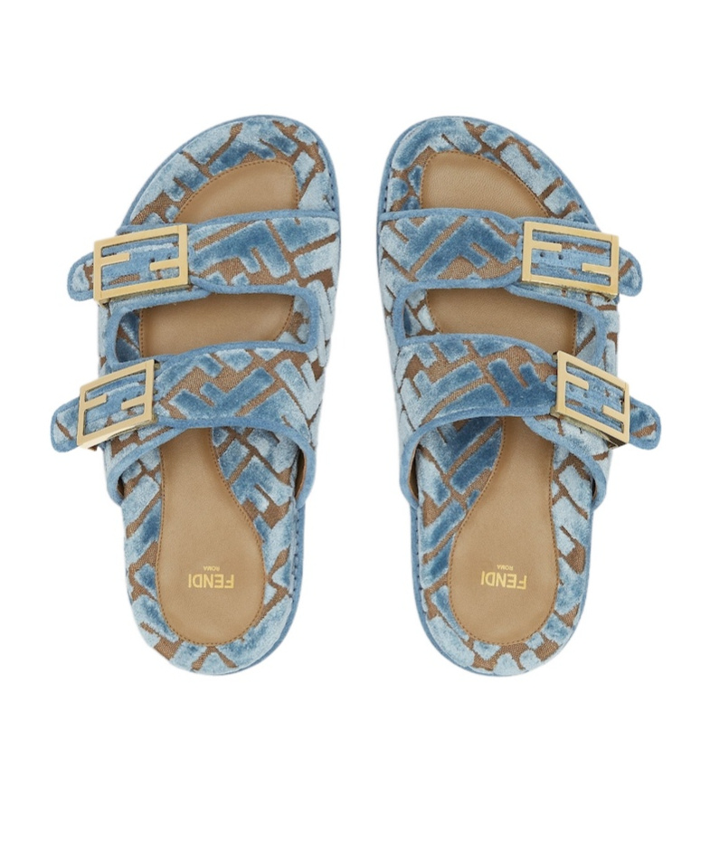 Fendi Light Blue Ff Jacquard Velvet Slides In Gray