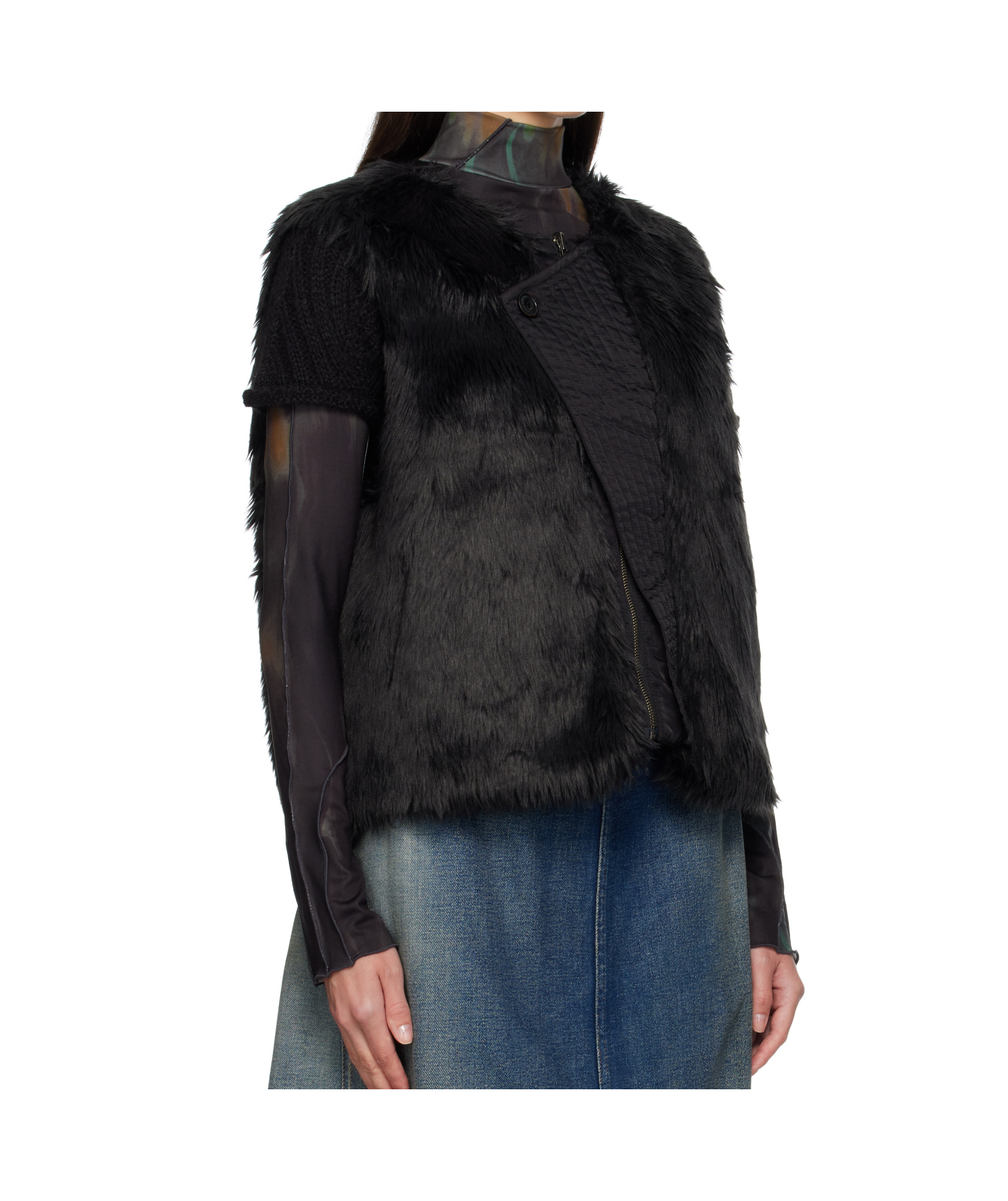 Andersson Bell Curved Placket Reversible Faux Fur Vest In Black