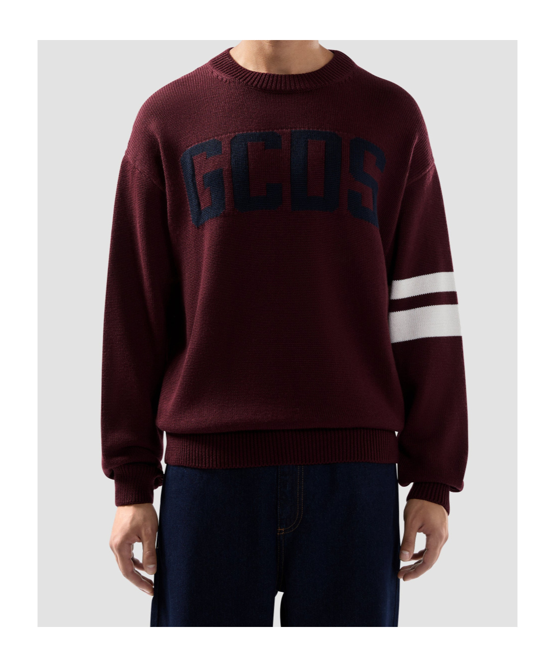 Gcds Bordeaux Knit Sweater With Navy Logo And Striped Sleeves In Burgundy