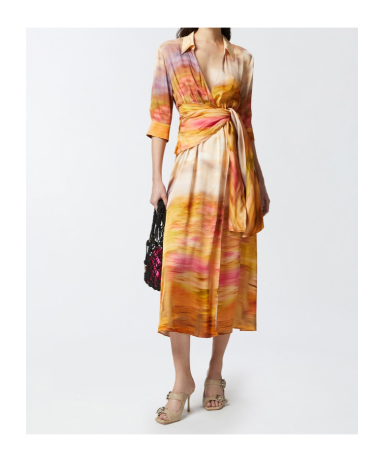 Pinko Printed Satin V-neck Dress In Multi
