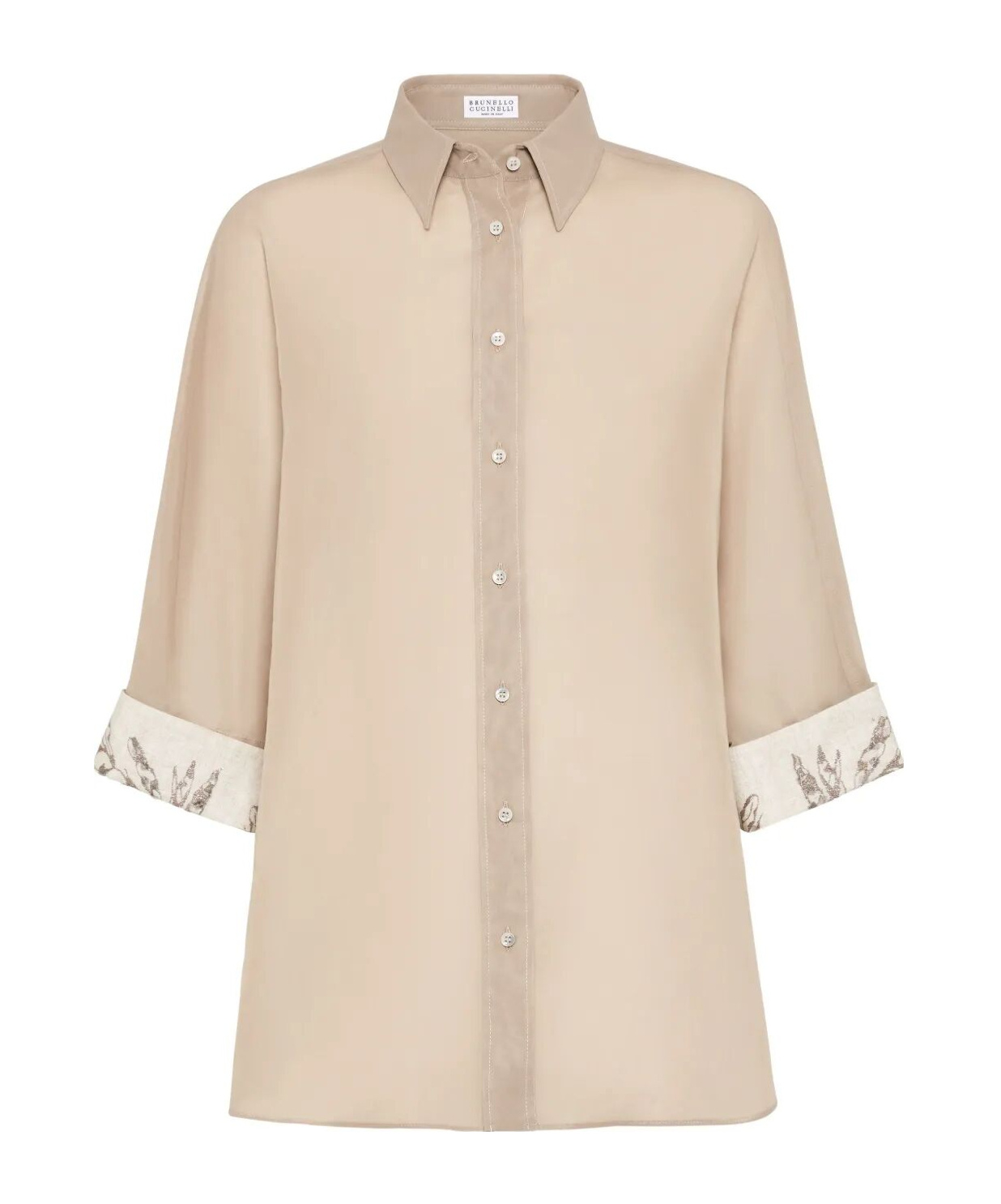 Brunello Cucinelli Women Cotton Organza Shirt With Glistening Flora Embroidery In Nude