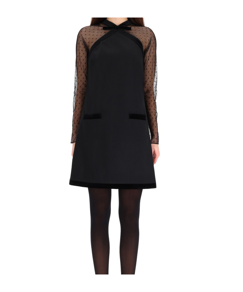 Nina Ricci Velvet-trimmed Tulle-sleeve Minidress In Black