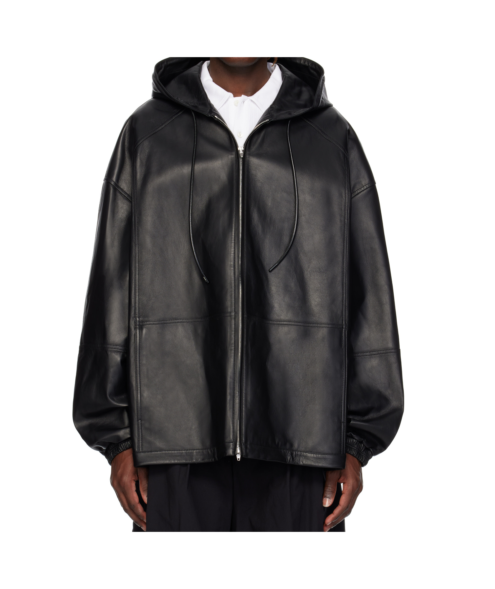 Juunj Hood Zip-up Leather Jacket In Black