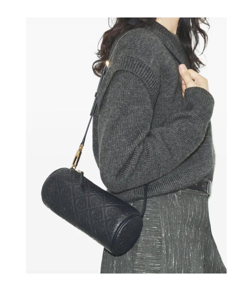 Tory Burch T Monogram Pebble Leather Cylinder Shoulder Bag In Black