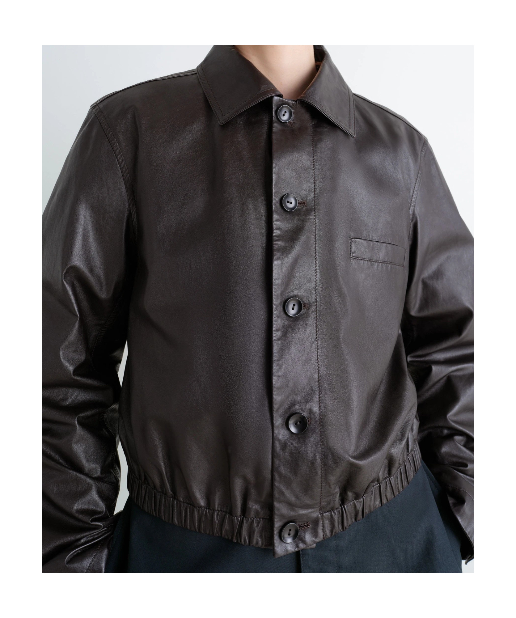 Lemaire Buttoned-up Elasticated Leather Jacket In Burgundy