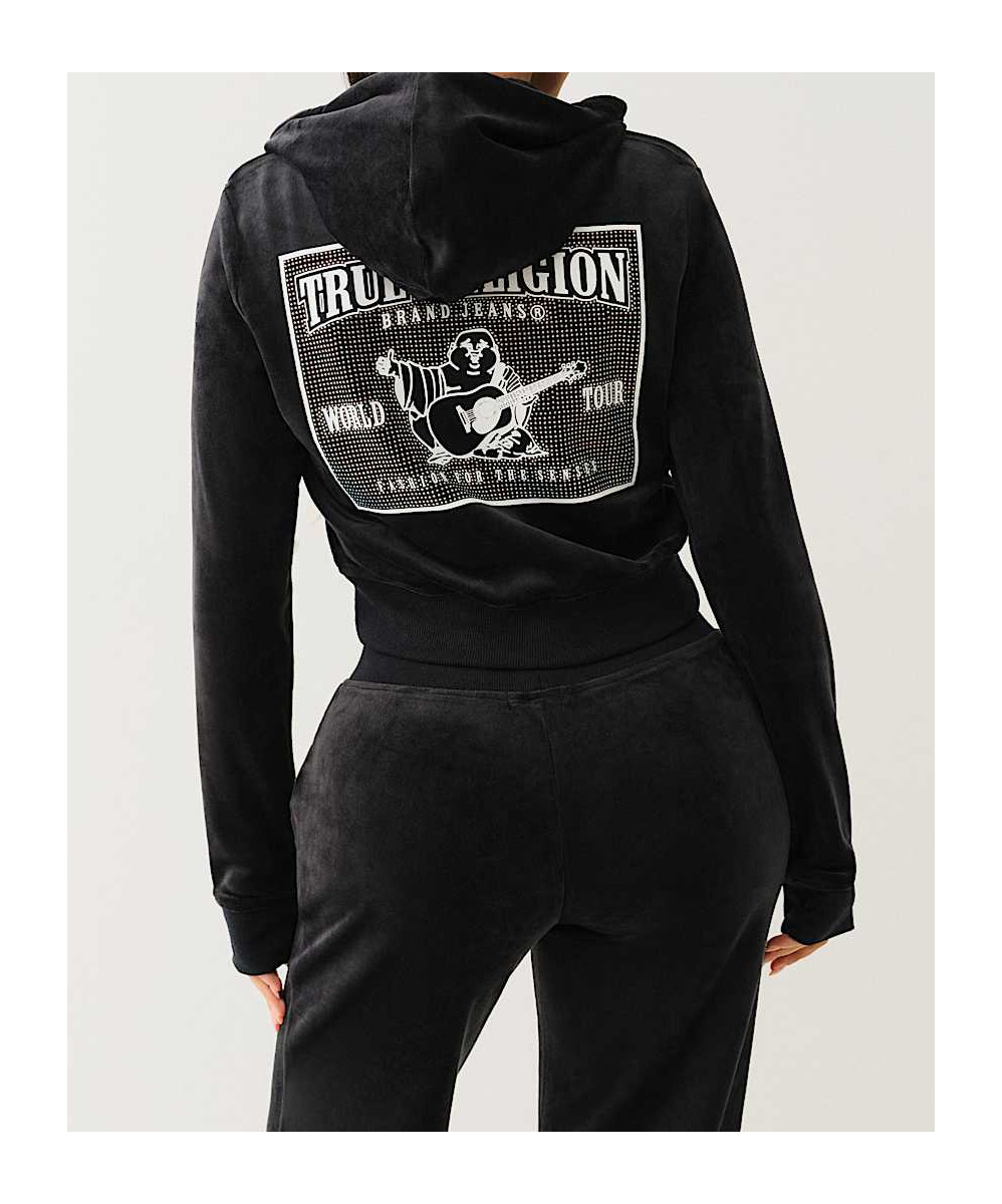 TRUE RELIGION VELOUR CRYSTAL SHRUNKEN ZIP HOODIE