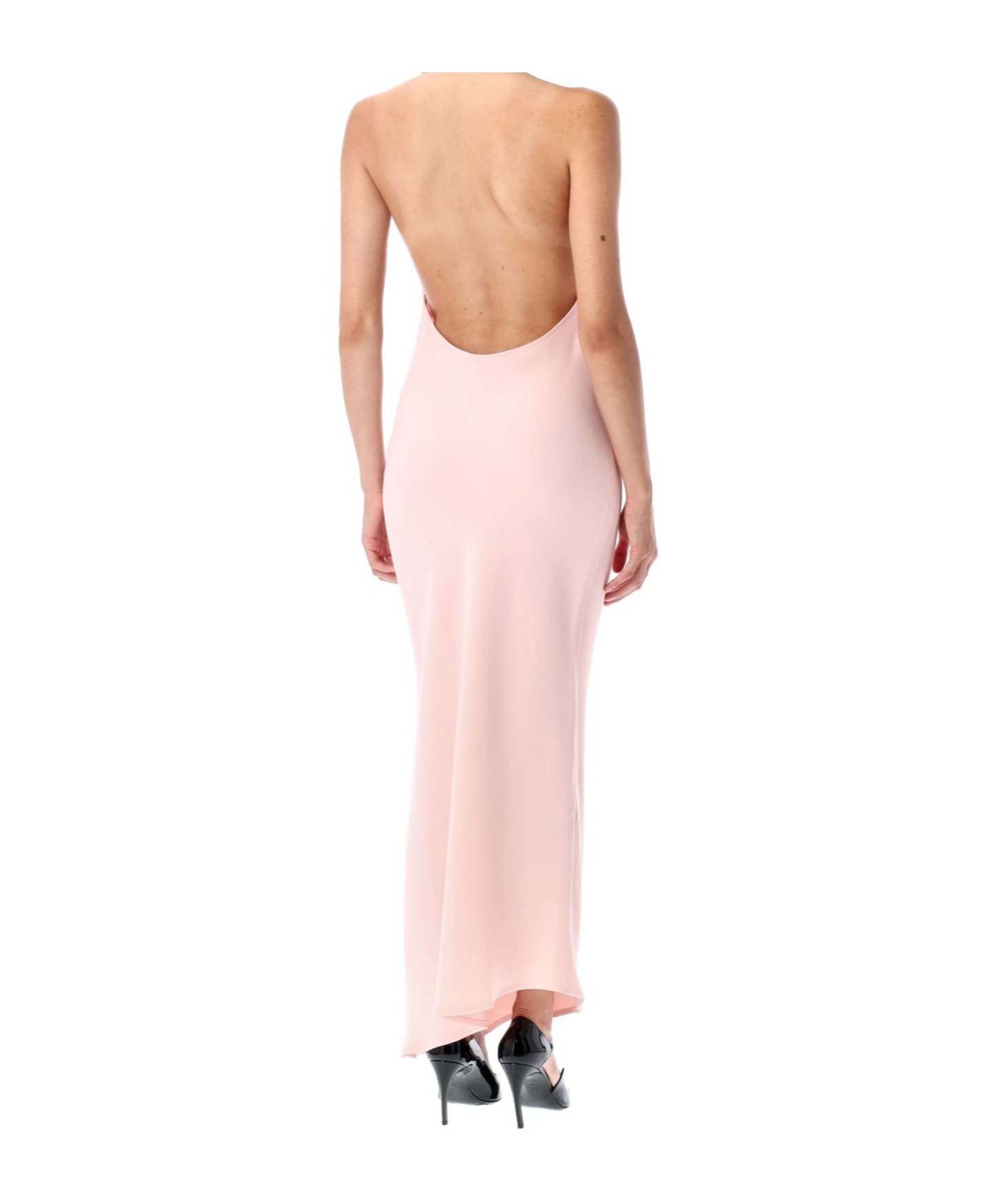 Attico Long Dress With Asymmetric Hem And Metal Detail In Pink