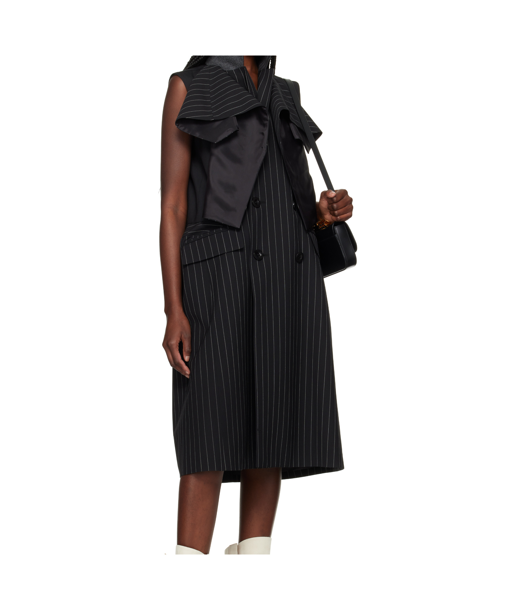 Sacai Black Wool Silk Suiting Midi Dress In Black