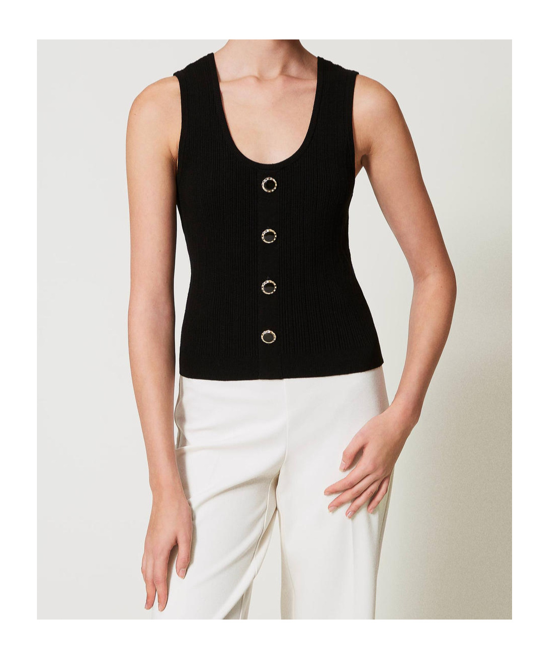 Twinset Top In Maglia Con Bottone Decoro Top-wear In Black
