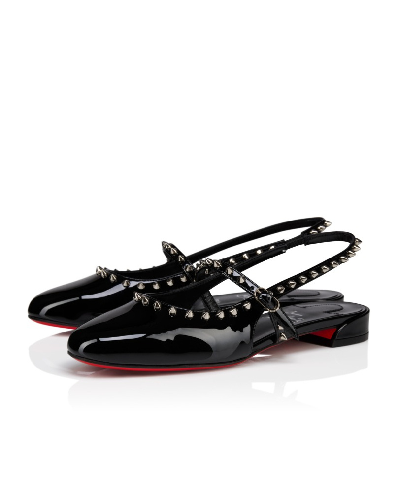 Christian Louboutin Sweet Janispikes Studded Patent-leather Slingback Flats In Black