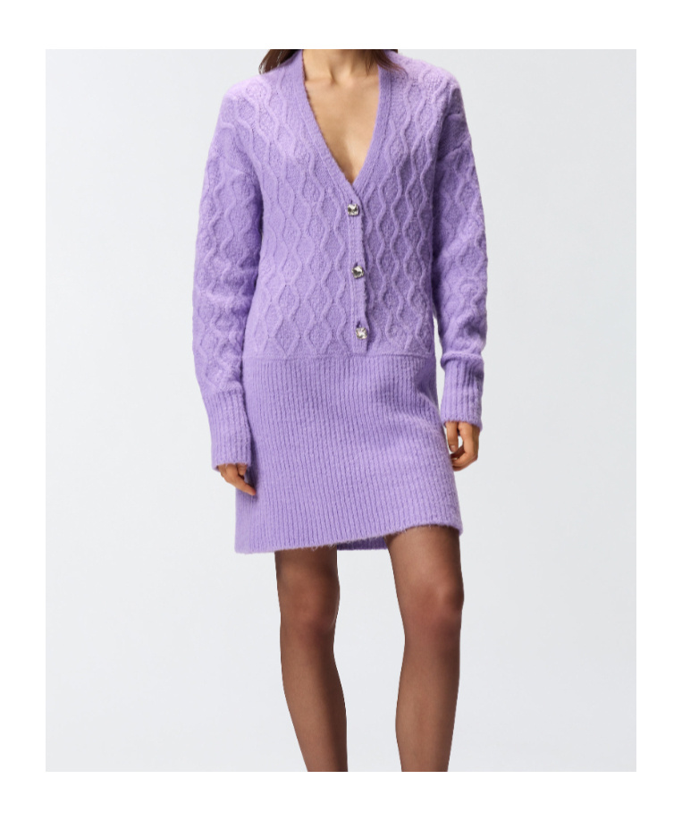 Pinko Knit Mini Dress With Cable Stitch And Jewel Buttons In Purple