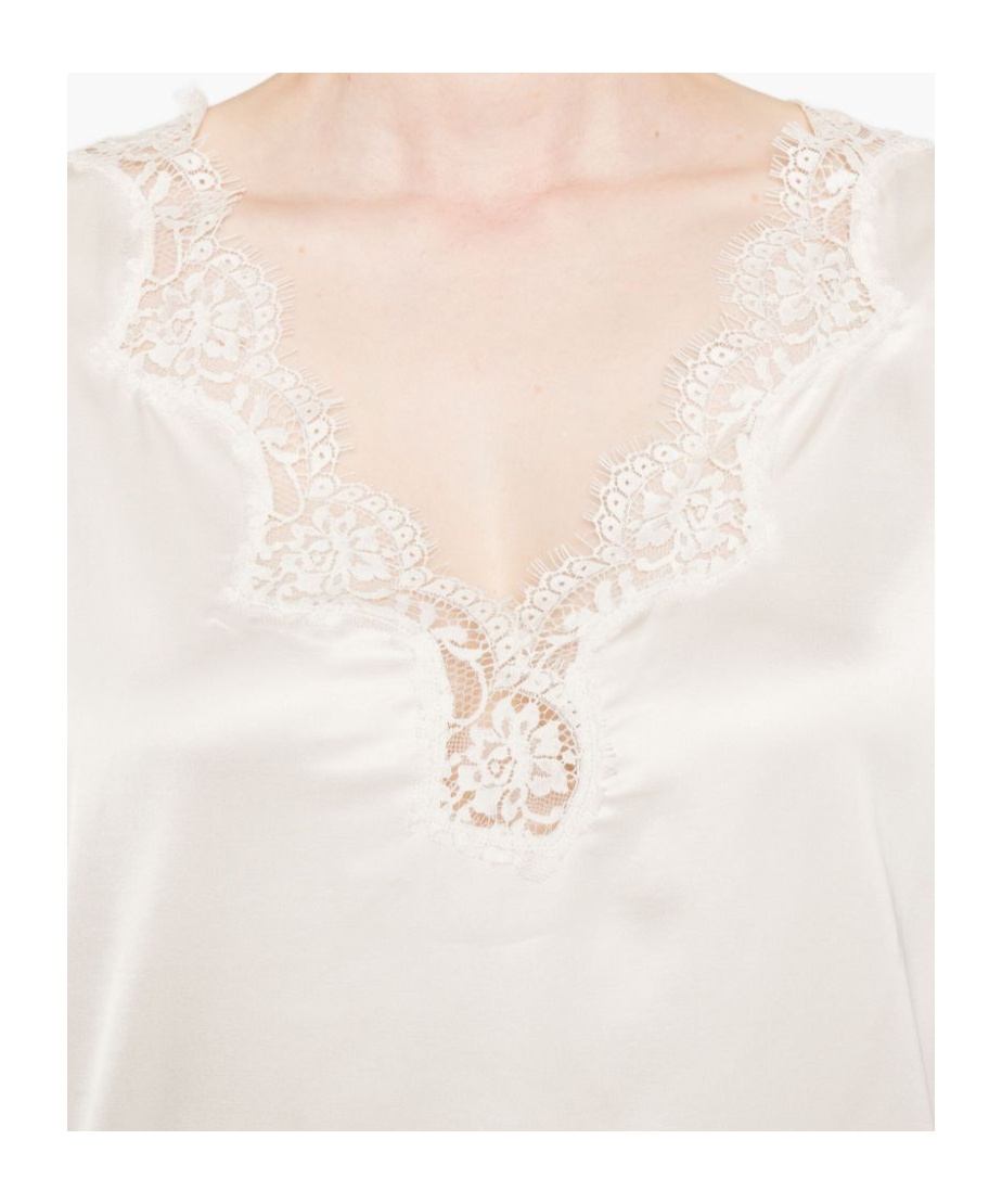 Ermanno Firenze Satin V Neck Lace Trim Top In White