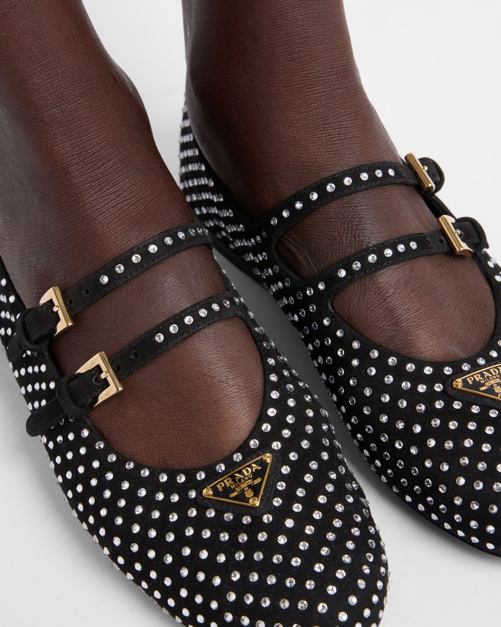 Prada Crystal Saffiano Dual Mary Jane Ballerina Flats In White