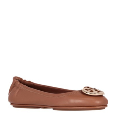 Tory Burch Minnie Leather Logo Travel Ballerina Flats In Brown