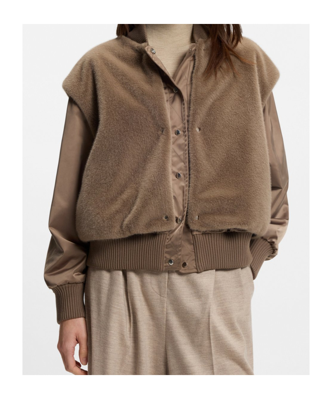 Hugo Boss Boss  Removable Faux-fur Gilet Satin Bomber Jacket In Brown