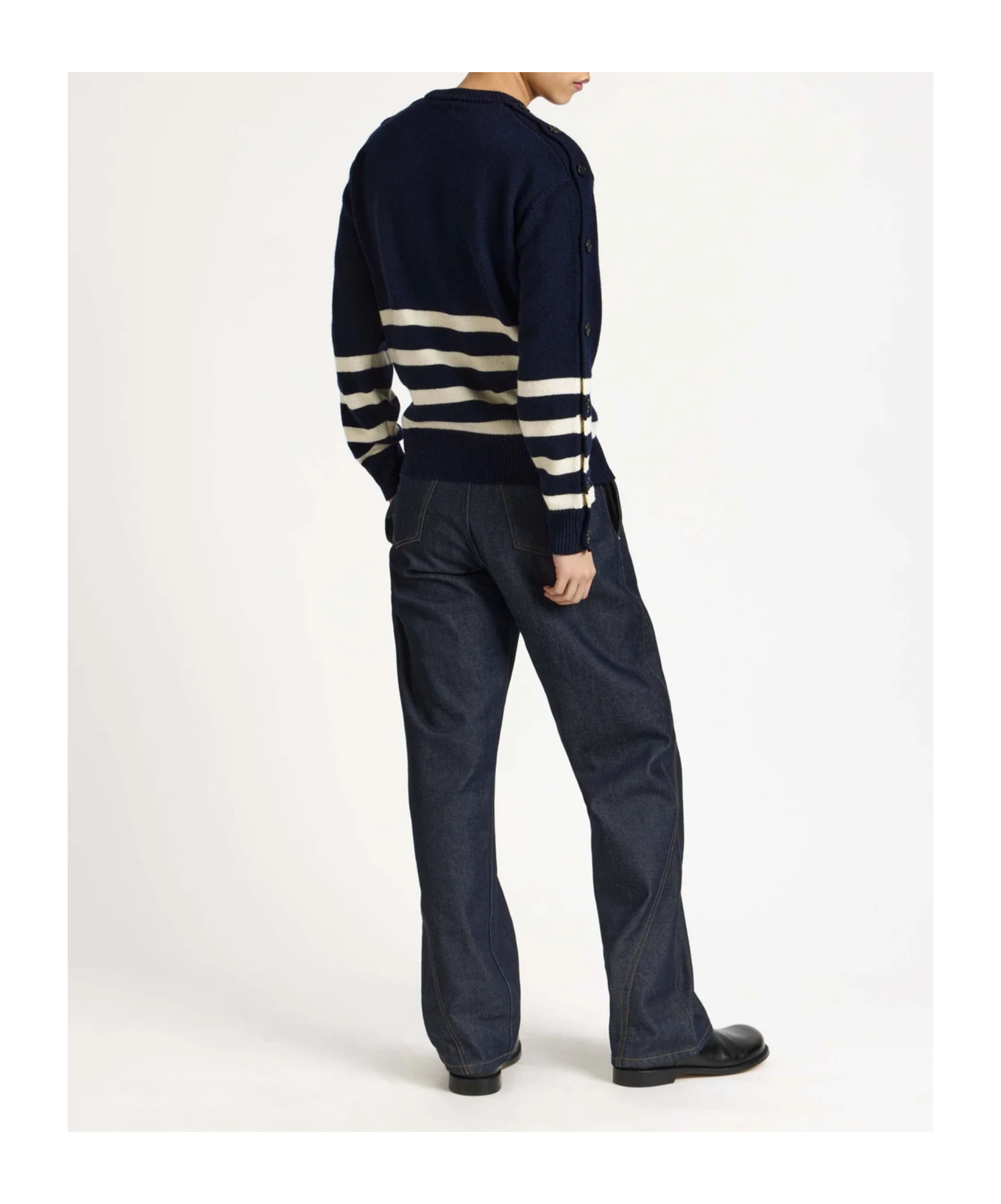 Jw Anderson Mens Buttoned Sleeve Breton Jumper In Navy In Blue