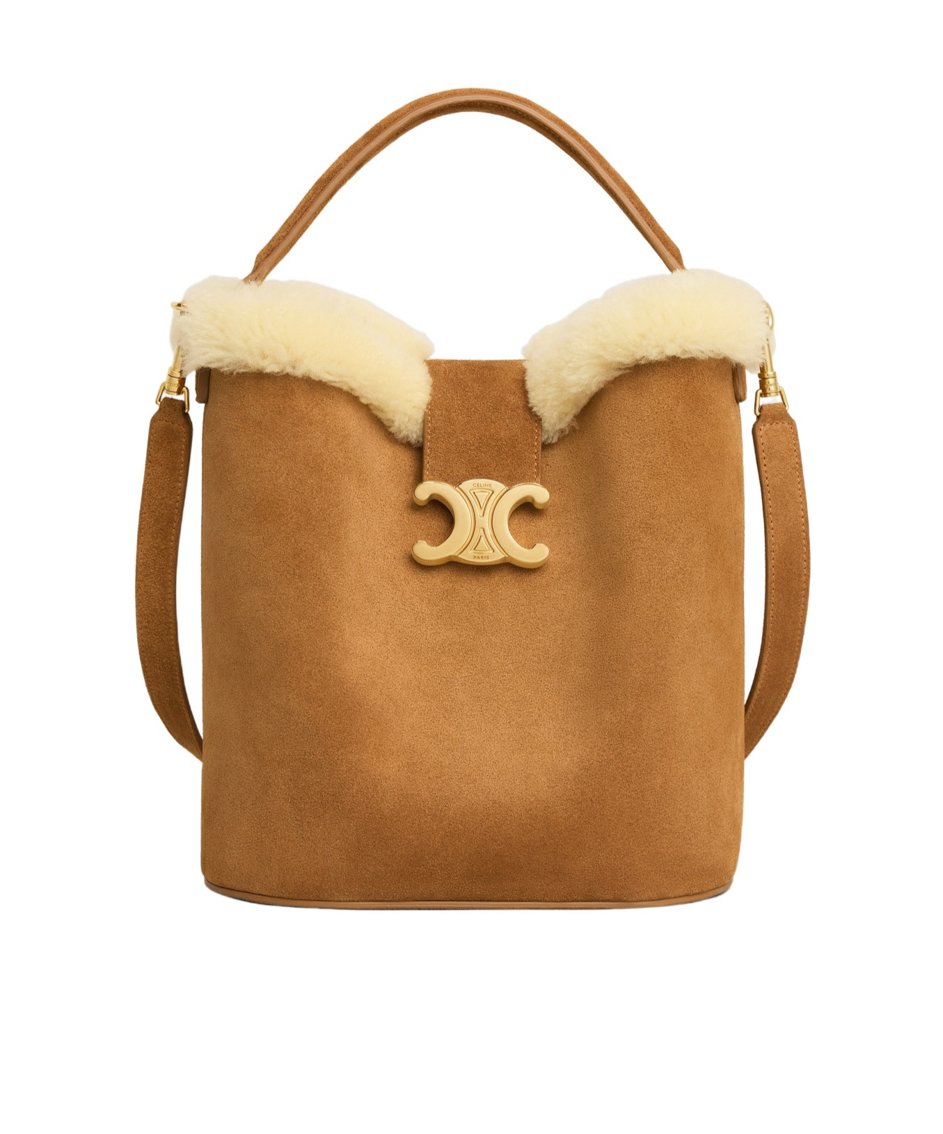Celine Medium Louise Bucket Bag With Shearling Trim In Brown