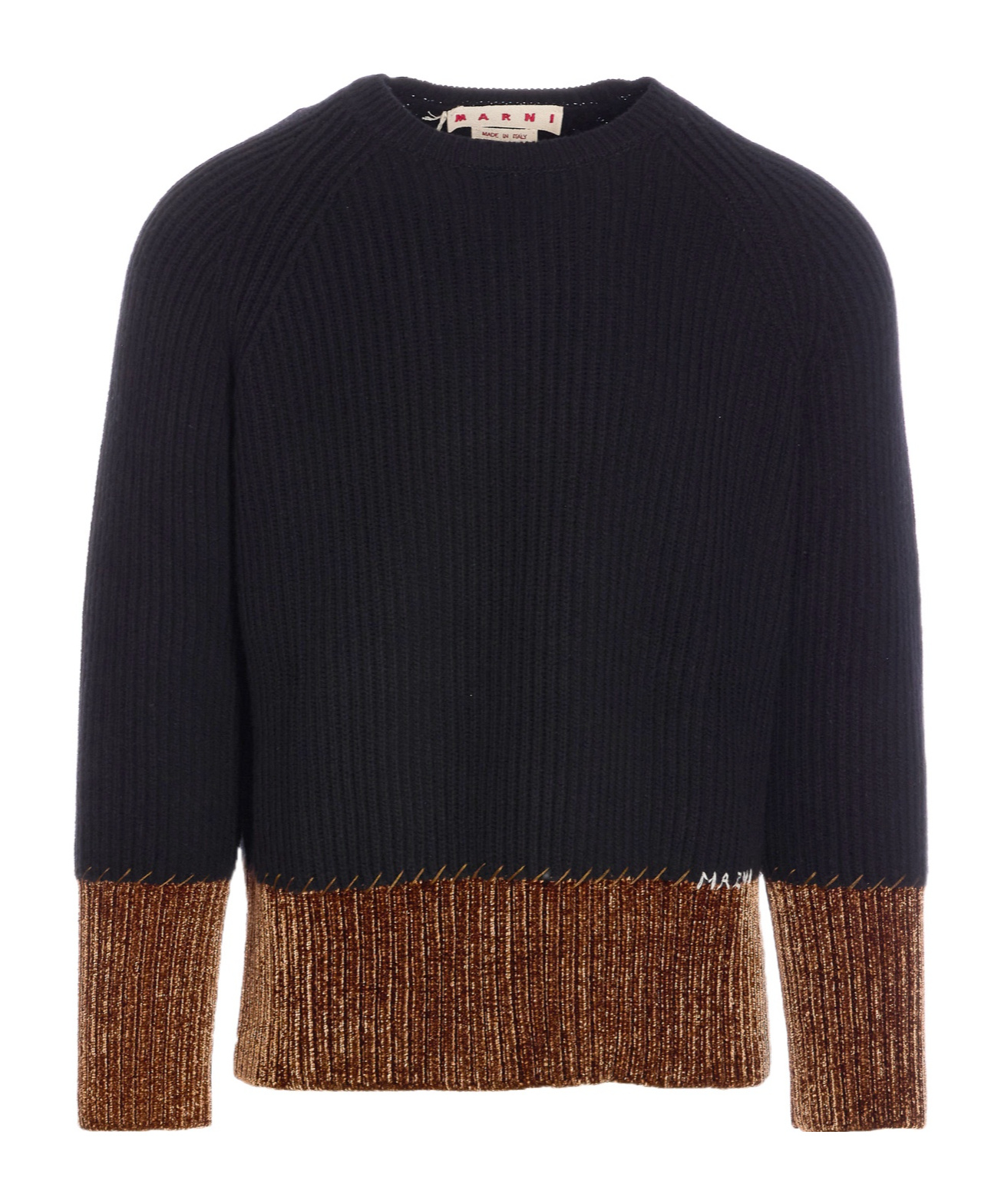 Marni Crewneck Sweater With Contrast Hem And Ribbed Texture In Blue