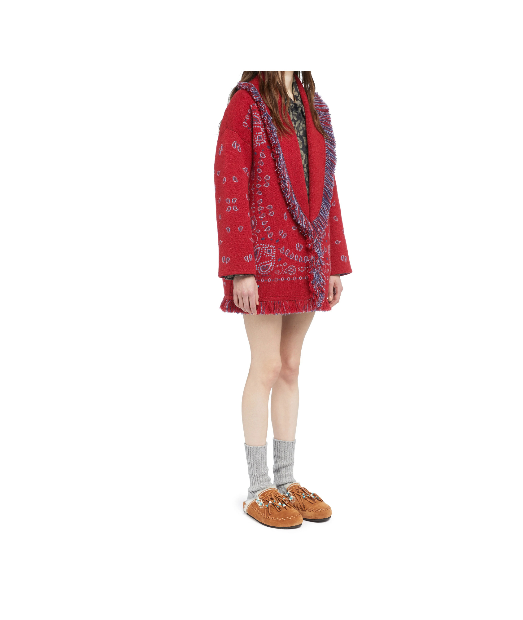 Alanui Bandana-jacquard Fringe Cardigan In Red
