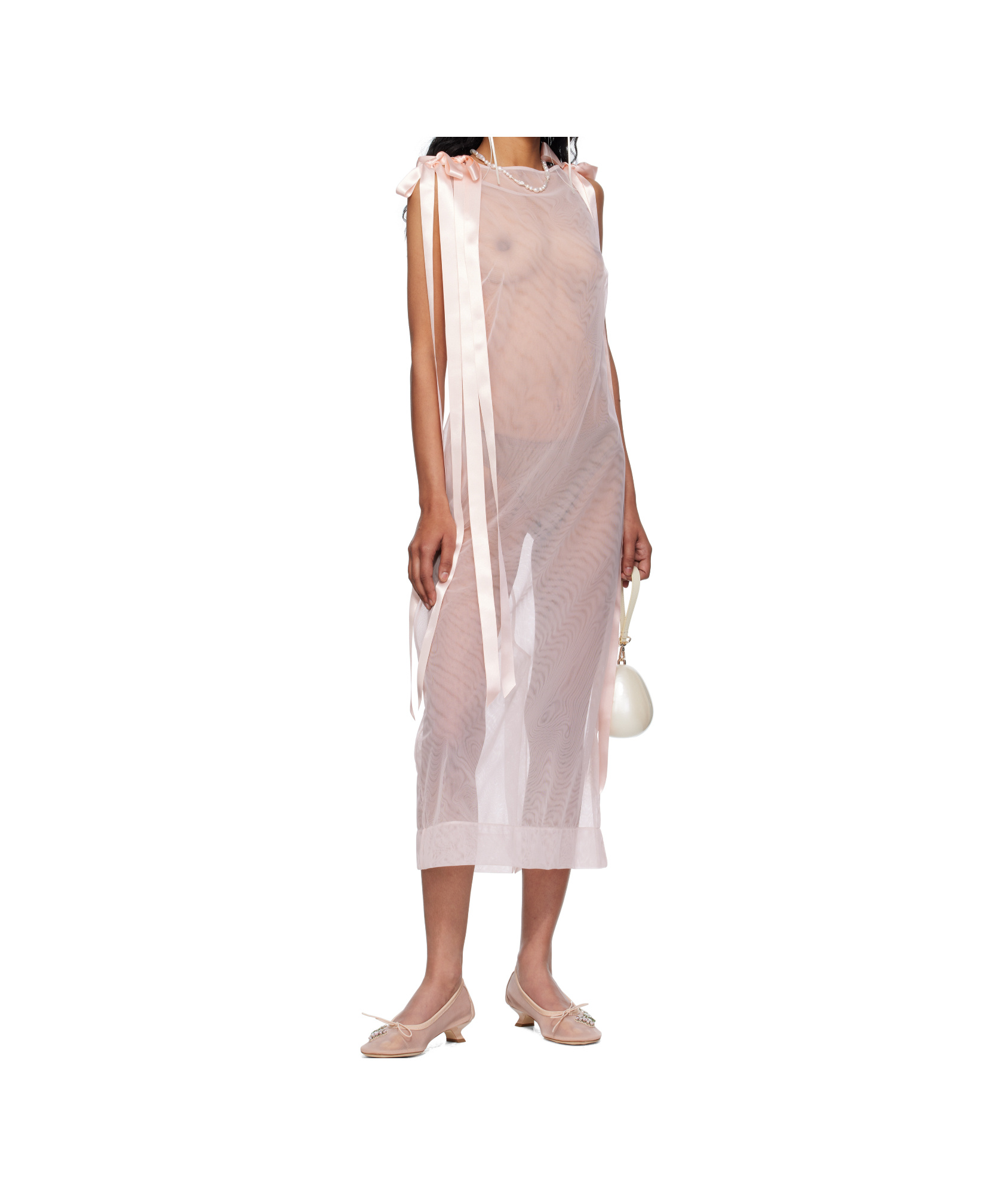 Simone Rocha Pink Sheer Bow Ribbon Tail Midi Dress In Pink