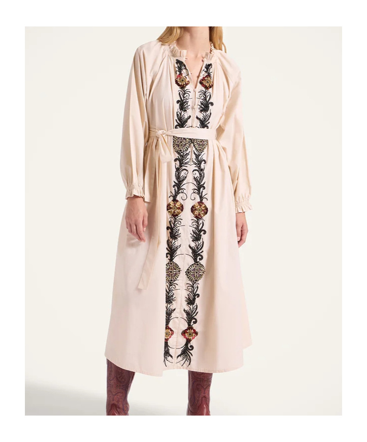 La Doublej Embroidered Ruffle-trimmed Dress In Brown
