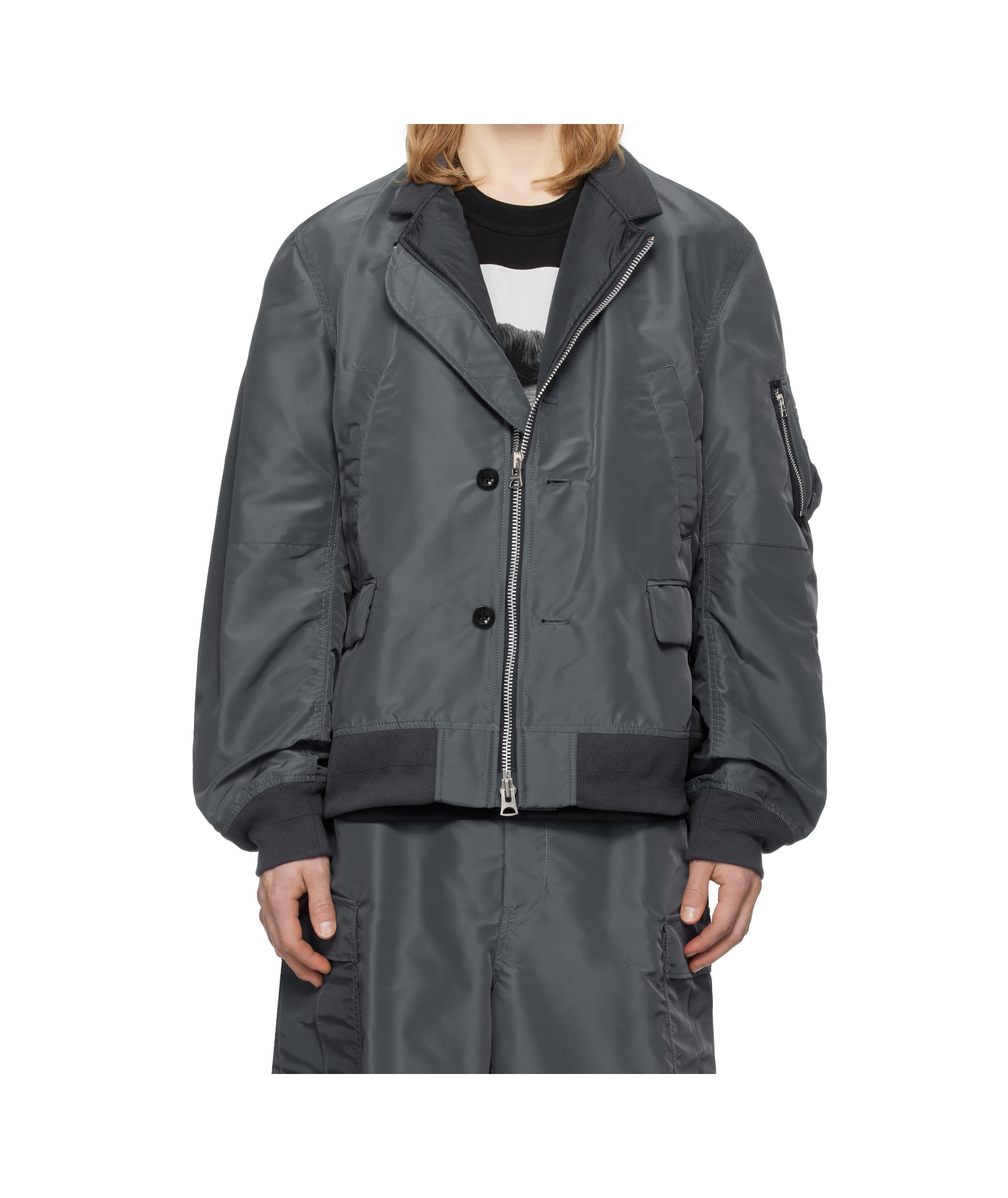 Sacai Blue Nylon Twill Bomber Jacket In Black