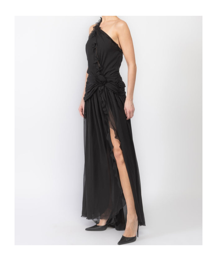 Blumarine Ruffled Halterneck Silk Maxi Dress In Black