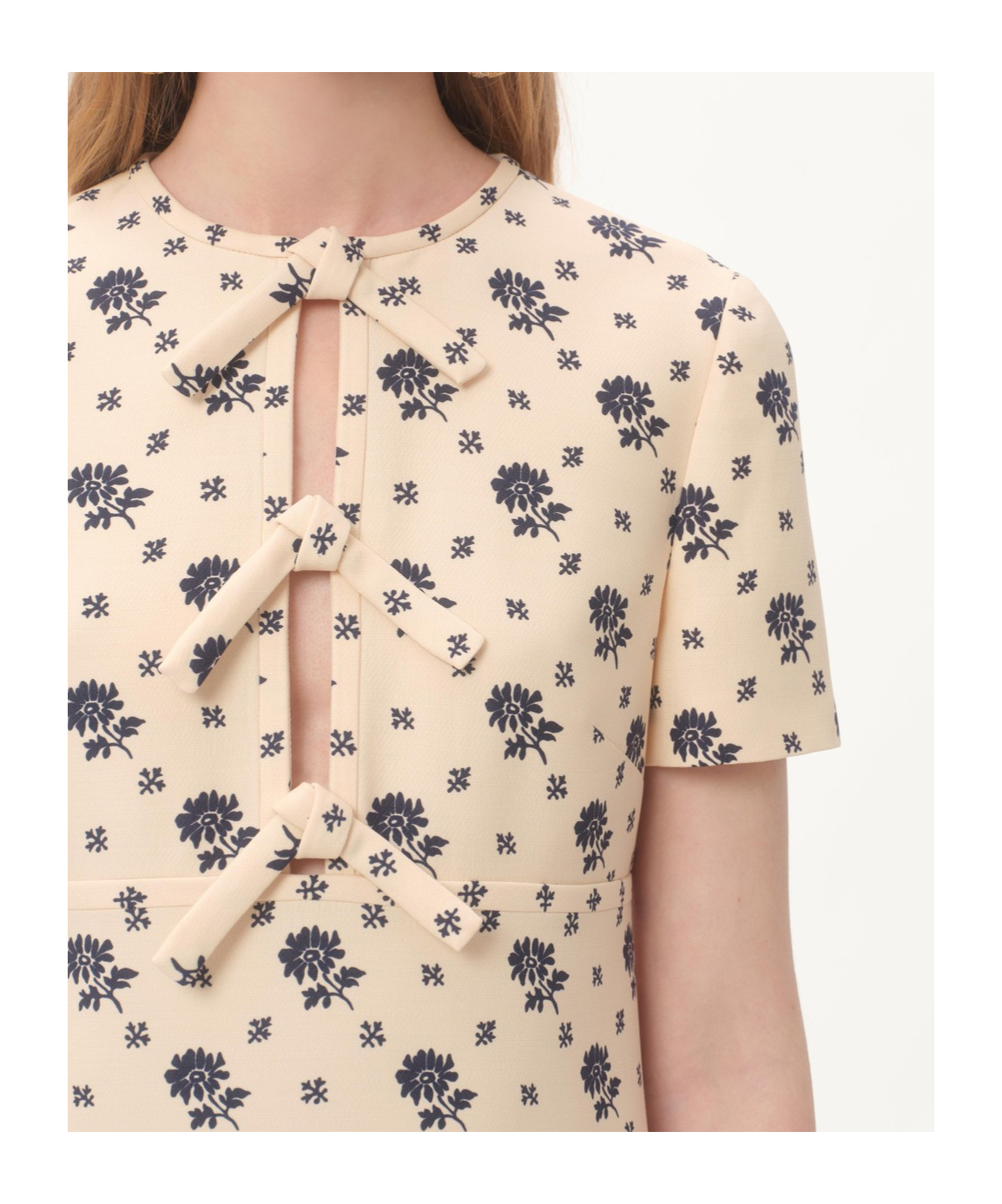Valentino Floral Print Bow Keyhole Wool Mini Dress In Nude